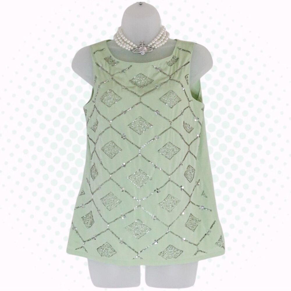 Banana Republic Mint Green Beaded Diamond Print Sleeveless Blouse Size 6